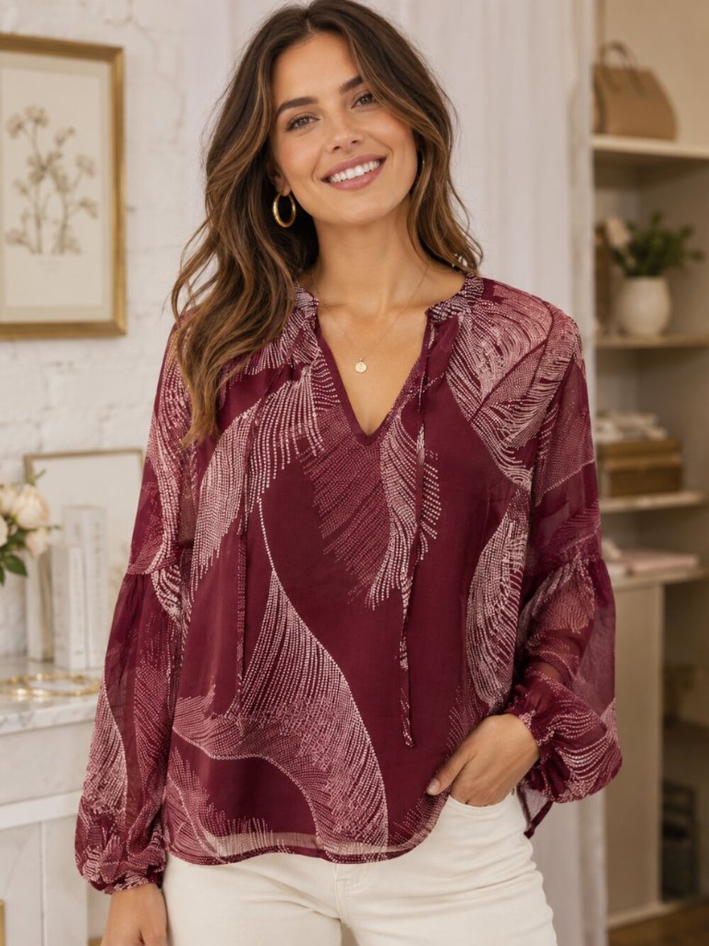 Haver & Blair Burgundy and White Patterned Blouse